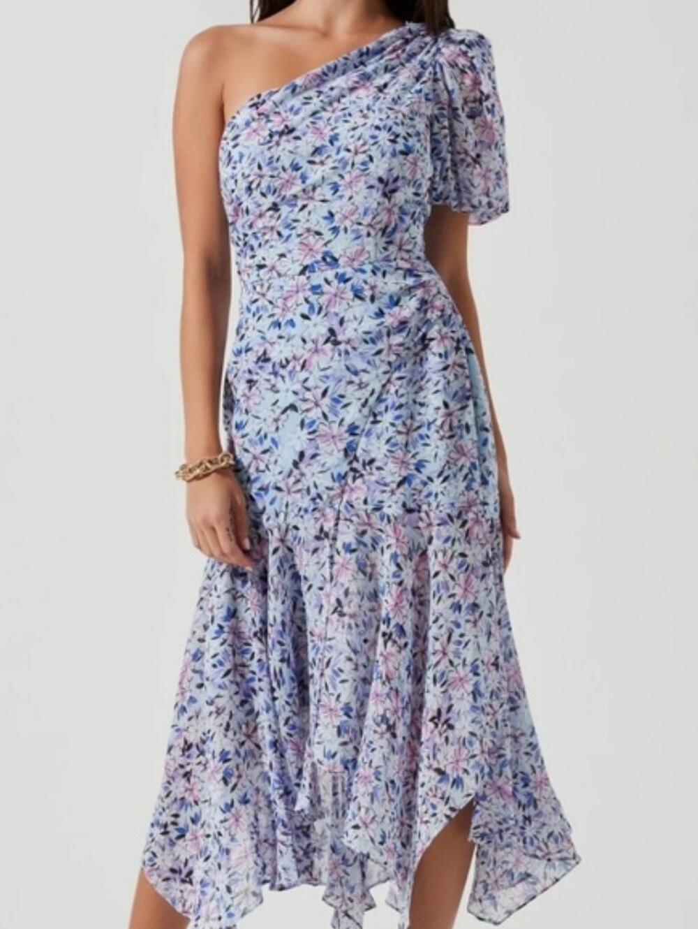 Astr The Label Santorini One Shoulder Midi Dress Floral Blue Sz M